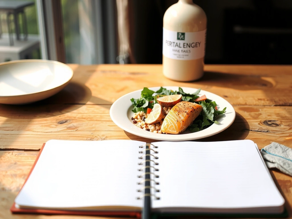 En balanserad tallrik och anteckningsbok i dagsljus